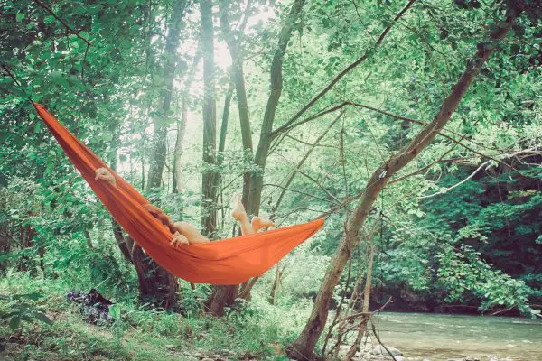 Red Backpacking Hammock by the River